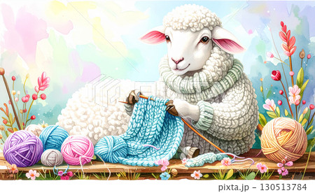 セーターを編む羊のイラスト,Generative AI,AI画像 セーターを編む羊のイラスト,Generative AI,AI画像 130513784
