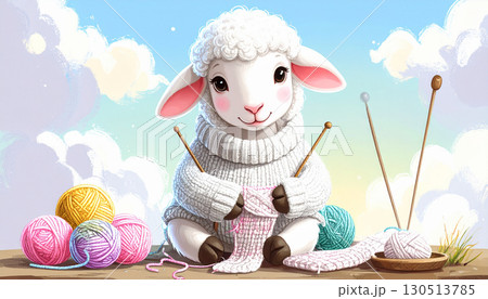 セーターを編む羊のイラスト,Generative AI,AI画像 130513785