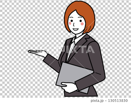 チャコールスーツ。ファイルを持ち、こちらと指し示す女性 130513830