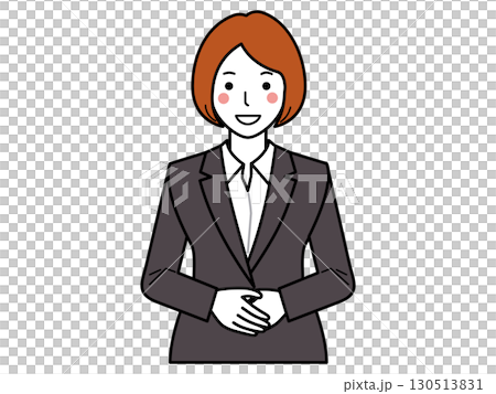 チャコールスーツ。正面を向き、両手を前で重ねて話す女性 130513831