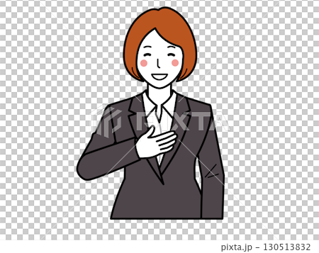 炭灰色西裝。一位女士將手放在胸前,說:“交給我吧。” 炭灰色西裝。一位女士將手放在胸前,說:“交給我吧。” 130513832