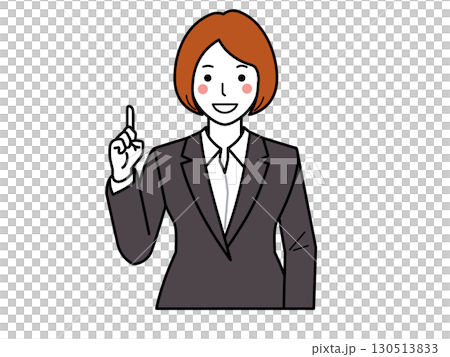 炭灰色套裝。女人擺出「1」的姿勢。 炭灰色套裝。女人擺出「1」的姿勢。 130513833