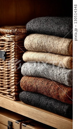 A cozy stack of knitted sweaters next to a wicker basket. 130514348