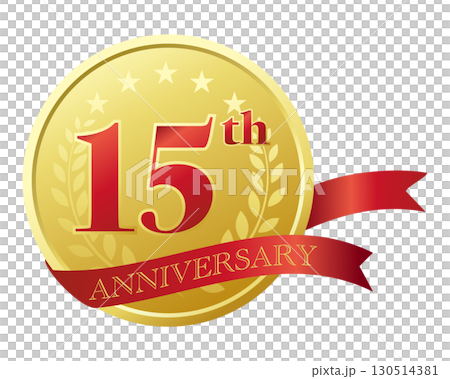 十五周年記念のアイコン。赤いリボンとメダル。 130514381