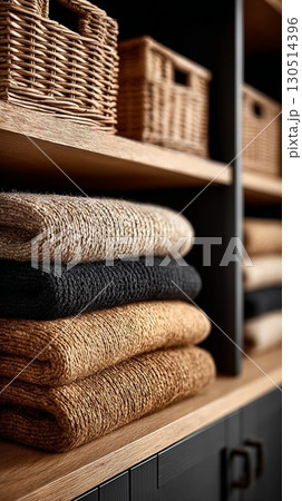 A rustic stack of cozy folded blankets in neutral tones. 130514396