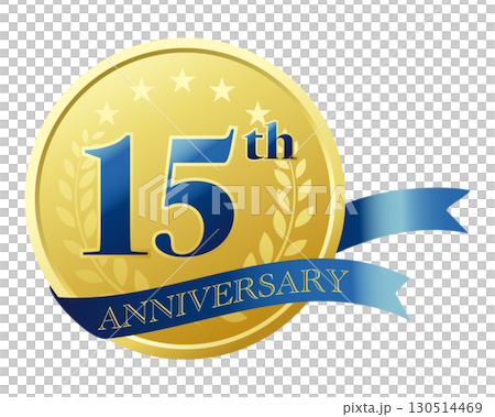 15th anniversary icon. Blue ribbon and medal. 130514469
