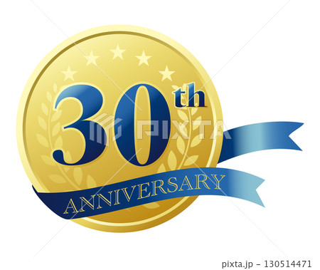 三十周年記念のアイコン。青いリボンとメダル。 三十周年記念のアイコン。青いリボンとメダル。 130514471