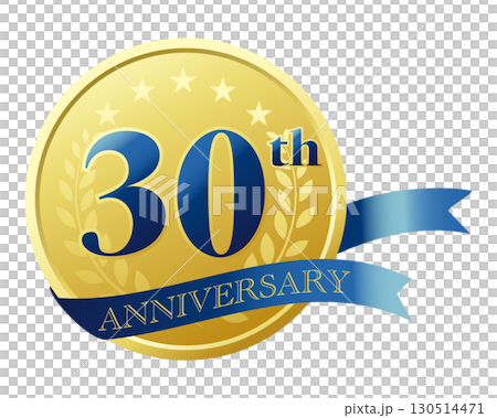 Thirty years anniversary icon. Blue ribbon and medal. Thirty years anniversary icon. Blue ribbon and medal. 130514471