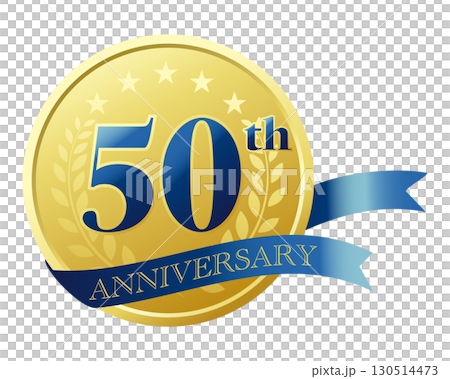 50週年紀念圖示。藍絲帶和獎章。 50週年紀念圖示。藍絲帶和獎章。 130514473
