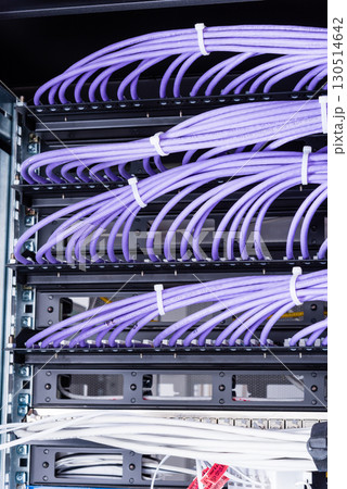 large group of UTP cables, Ethernet cables in rack cabinet, lead large group of UTP cables, Ethernet cables in rack cabinet, lead 130514642