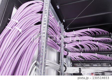 large group of UTP cables, Ethernet cables in rack cabinet, lead 130514653