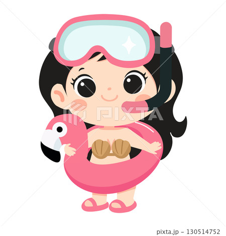 Illustration of Girl with Flamingo Float and Snorkel 130514752