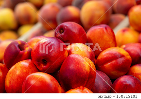 Close up of Nectarines stacked together. Large number of ripe soft nectarines on the counter Close up of Nectarines stacked together. Large number of ripe soft nectarines on the counter 130515103