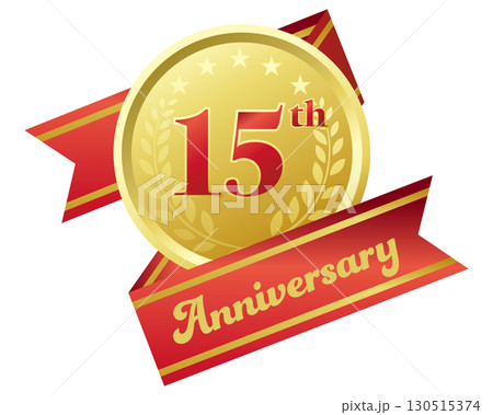 十五周年記念のアイコン。赤いリボンとメダル。 十五周年記念のアイコン。赤いリボンとメダル。 130515374