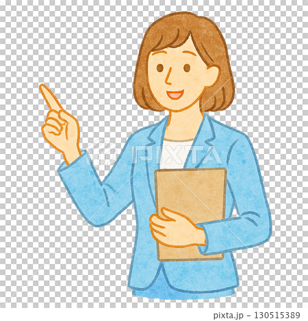 A woman in a suit holding a document and pointing at it Illustration A woman in a suit holding a document and pointing at it Illustration 130515389