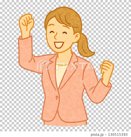 一位穿著西裝的女士高興地揮拳。插圖 130515393