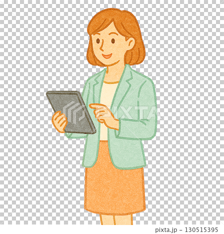 一位身穿西裝的女士正在操作一台平板電腦。插圖 130515395
