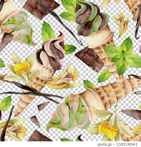 Vanilla and chocolate soft serve in wafer cone with mint sprig, orchid flower seed pods. Isolated seamless pattern illustration hand drawn in watercolor. Sweet cafe, summer snack wrap, flavor sticker. 130516041