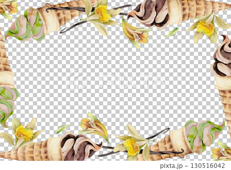 Swirled vanilla soft serve ice cream yoghurt in wafer cone with orchid blossom and pods. Isolated border frame illustration hand drawn in watercolor. Frozen menu art, sweet decor, snack product sheet. 130516042