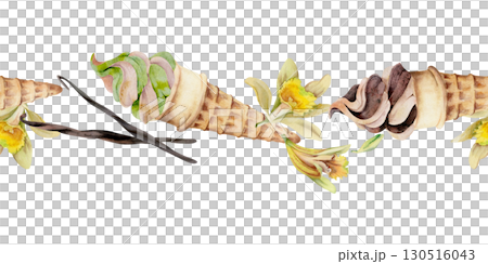 Soft ice cream wafer cone with vanilla flower and pod hand drawn in watercolor, chocolate matcha pistachio mint flavor. Isolated seamless banner border header. Artisan dessert branding wrap, cafe menu Soft ice cream wafer cone with vanilla flower and pod hand drawn in watercolor, chocolate matcha pistachio mint flavor. Isolated seamless banner border header. Artisan dessert branding wrap, cafe menu 130516043