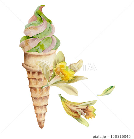 Vanilla soft ice cream serve in waffle cone with orchid flowers, frozen yoghurt swirl. Isolated illustration hand drawn in watercolor. Summer treat branding, parlor or gelateria shop, dessert journal. Vanilla soft ice cream serve in waffle cone with orchid flowers, frozen yoghurt swirl. Isolated illustration hand drawn in watercolor. Summer treat branding, parlor or gelateria shop, dessert journal. 130516046