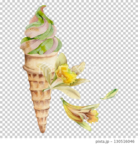 Vanilla soft ice cream serve in waffle cone with orchid flowers, frozen yoghurt swirl. Isolated illustration hand drawn in watercolor. Summer treat branding, parlor or gelateria shop, dessert journal. Vanilla soft ice cream serve in waffle cone with orchid flowers, frozen yoghurt swirl. Isolated illustration hand drawn in watercolor. Summer treat branding, parlor or gelateria shop, dessert journal. 130516046
