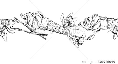 Soft ice cream swirl in wafer cone with vanilla flower, seed pod, hand drawn detailed line sketch in ink and pen. Vector graphic seamless banner border header. Ice cream flavor poster, food blog asset Soft ice cream swirl in wafer cone with vanilla flower, seed pod, hand drawn detailed line sketch in ink and pen. Vector graphic seamless banner border header. Ice cream flavor poster, food blog asset 130516049