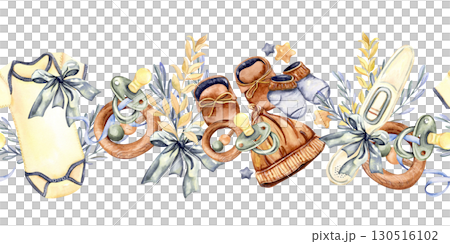 Seamless border with baby clothes, pacifiers, teethers and leafy branches watercolor illustration 130516102