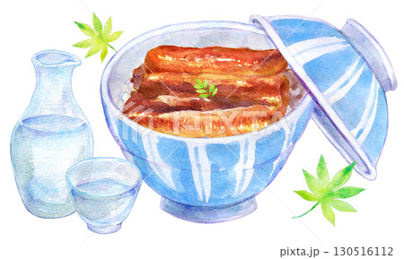 水彩イラスト 手描きイラスト 冷酒と鰻丼のセット 水彩イラスト 手描きイラスト 冷酒と鰻丼のセット 130516112