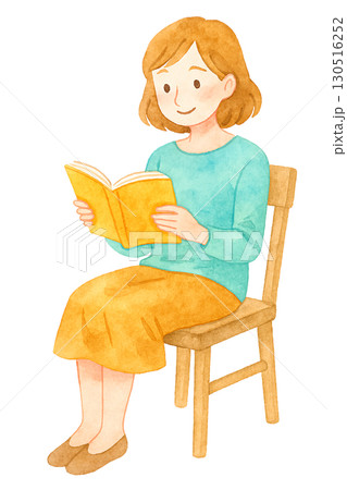 椅子に座って本を読む女性 イラスト素材（読書・学習） 130516252