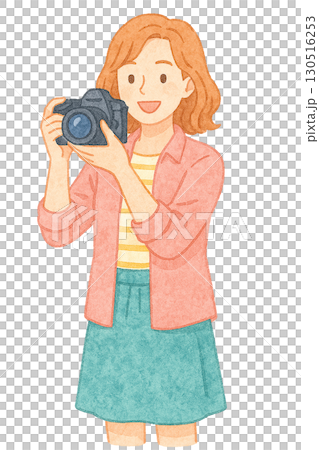 カメラを持ち写真を撮る女性 イラスト素材（趣味・撮影） 130516253