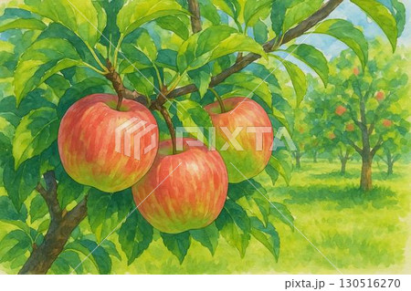 収穫前のりんご　果樹園　リンゴ園　水彩画 130516270