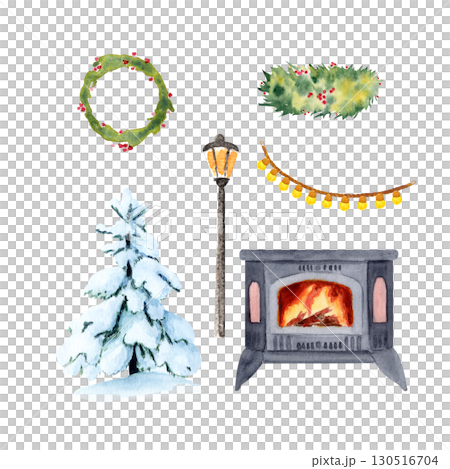 Snowy tree, festive wreath with berries, glowing garland, vintage lantern, warm fireplace. Watercolor set of cozy winter Christmas elements. Perfect for cards, posters, packaging, and seasonal design Snowy tree, festive wreath with berries, glowing garland, vintage lantern, warm fireplace. Watercolor set of cozy winter Christmas elements. Perfect for cards, posters, packaging, and seasonal design 130516704