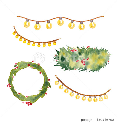 Pine wreath with berries, garlands of glowing lights, evergreen branches watercolor set isolated on white. Perfect for greeting cards, holiday invitations, posters, packaging, seasonal design 130516708