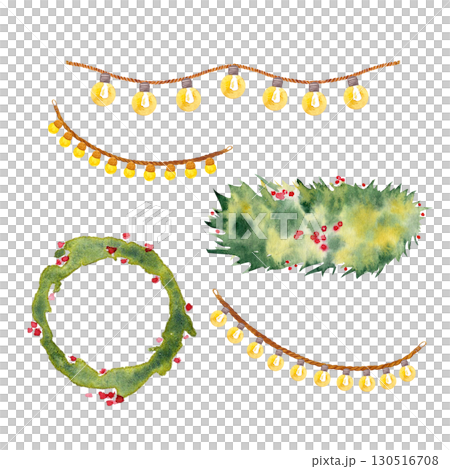 Pine wreath with berries, garlands of glowing lights, evergreen branches watercolor set isolated on white. Perfect for greeting cards, holiday invitations, posters, packaging, seasonal design Pine wreath with berries, garlands of glowing lights, evergreen branches watercolor set isolated on white. Perfect for greeting cards, holiday invitations, posters, packaging, seasonal design 130516708
