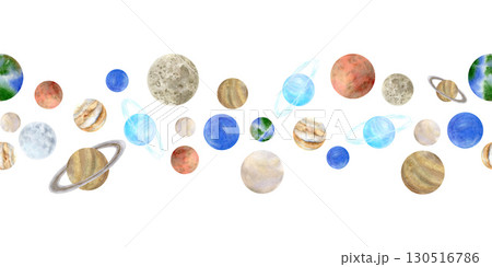 Seamless watercolor border with hand-drawn planets of the solar system: Mercury, Venus, Earth, Mars, Jupiter, Saturn, Uranus, Neptune. Isolated on white background. 130516786
