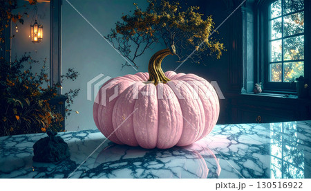 Pastel Pink Pumpkin with Gold Stem on Marble Surface. Hallowen Concept. Generated Image 130516922
