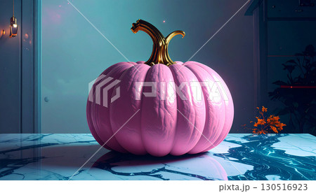 Pastel Pink Pumpkin with Gold Stem on Marble Surface. Hallowen Concept. Generated Image 130516923