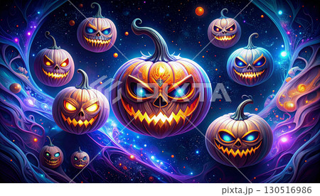 Zero Gravity Pumpkins Floating in Dark Space. Hallowen Concept. Generated Image Zero Gravity Pumpkins Floating in Dark Space. Hallowen Concept. Generated Image 130516986