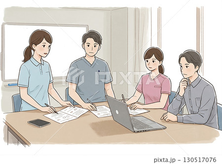 介護施設でミーティングをする介護士とケアマネージャー 130517076