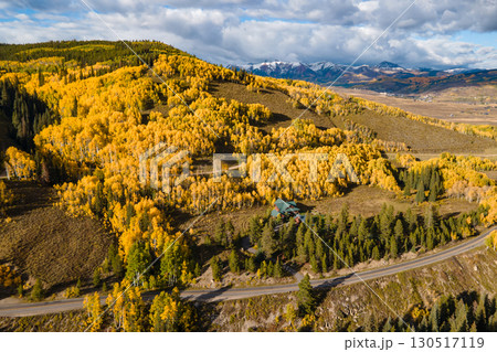 Beautiful dirt road winding through yellow aspen forest during golden sunset in peak fall foliage Beautiful dirt road winding through yellow aspen forest during golden sunset in peak fall foliage 130517119