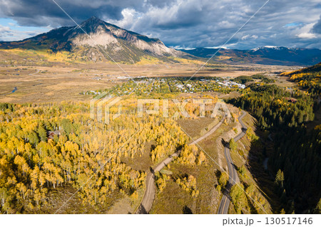 Aerial view of beautiful fall foliage landscape during golden sunset at Crested Butte, Colorado, USA 130517146