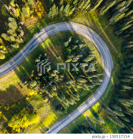 Aerial drone footage of S curve road winding through green pine and aspen forest 130517154