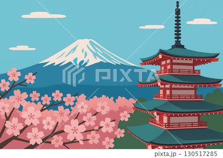 富士山　五重塔　満開の桜 130517285