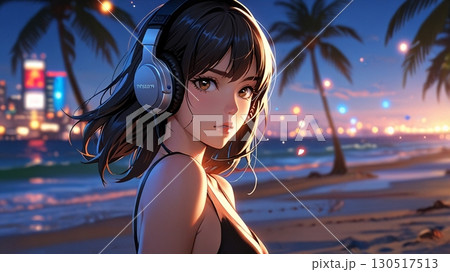 ビーチで音楽を聴く美女のイラスト 130517513