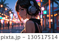 ビーチ沿いの街で音楽を聴く美女のイラスト 130517514