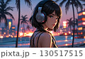 ビーチで音楽を聴く美女のイラスト 130517515