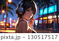 ビーチ沿いの街で音楽を聴く美女のイラスト 130517517