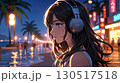 ビーチ沿いの街で音楽を聴く美女のイラスト 130517518