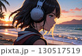 ビーチで音楽を聴く美女のイラスト 130517519